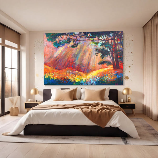Tablou Canvas Premium LuxCanva® C1074, Razele Soarelui , Diva, Soare, Padure, Copac, Living Room, Bedroom, Relaxare, Culori Vibrante