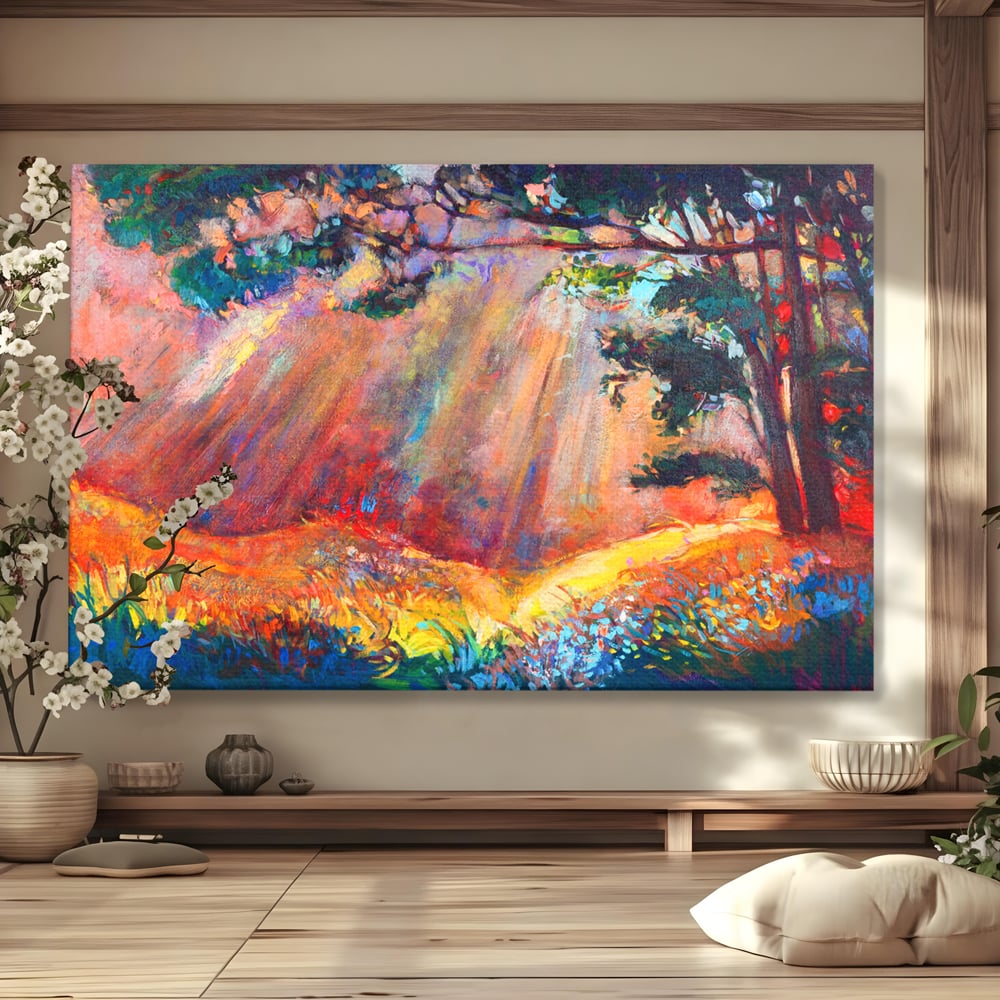 Tablou Canvas Premium LuxCanva® C1074, Razele Soarelui , Diva, Soare, Padure, Copac, Living Room, Bedroom, Relaxare, Culori Vibrante