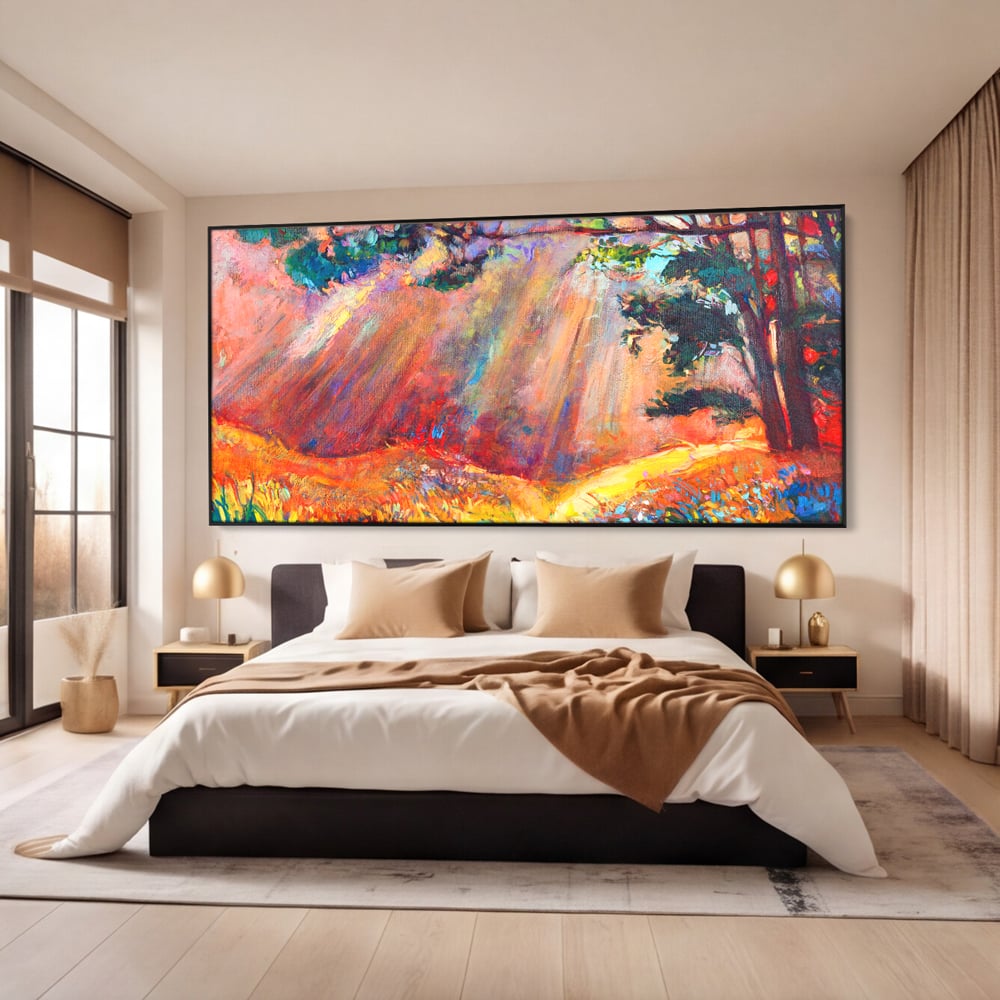 Tablou Canvas Premium LuxCanva® C1074, Razele Soarelui , Diva, Soare, Padure, Copac, Living Room, Bedroom, Relaxare, Culori Vibrante