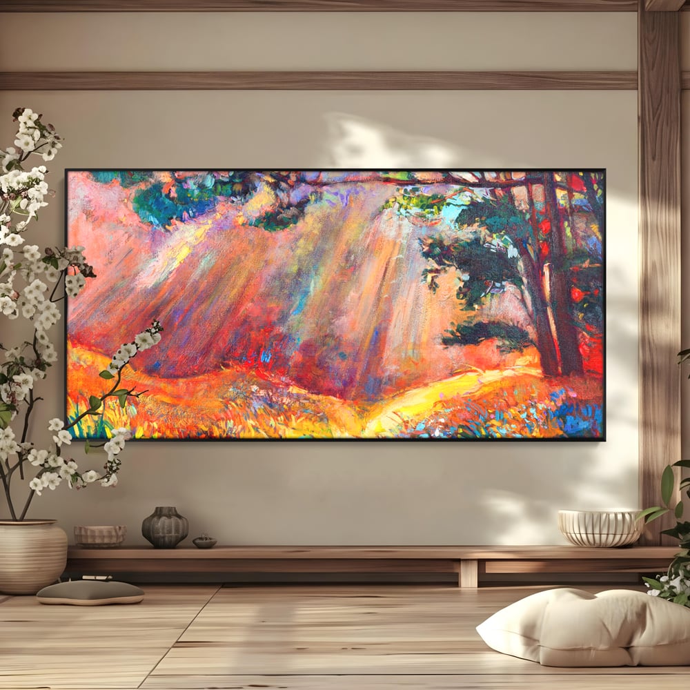 Tablou Canvas Premium LuxCanva® C1074, Razele Soarelui , Diva, Soare, Padure, Copac, Living Room, Bedroom, Relaxare, Culori Vibrante