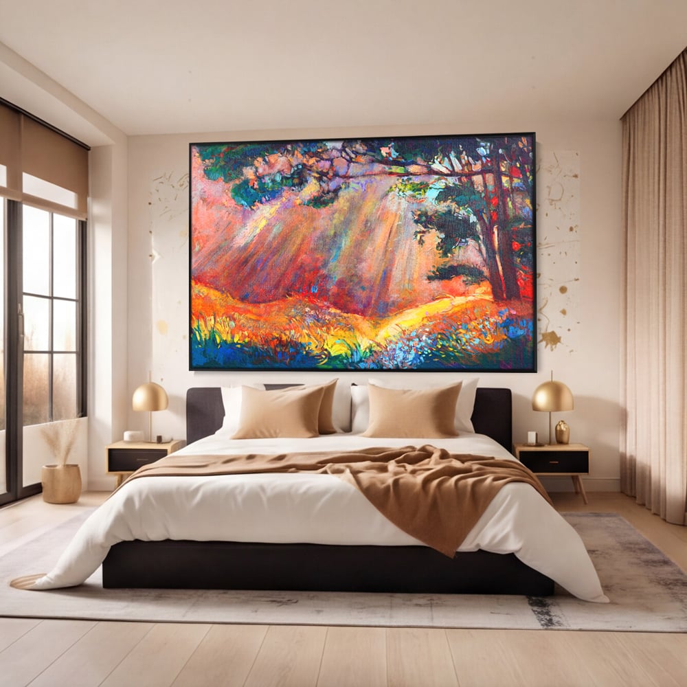 Tablou Canvas Premium LuxCanva® C1074, Razele Soarelui , Diva, Soare, Padure, Copac, Living Room, Bedroom, Relaxare, Culori Vibrante