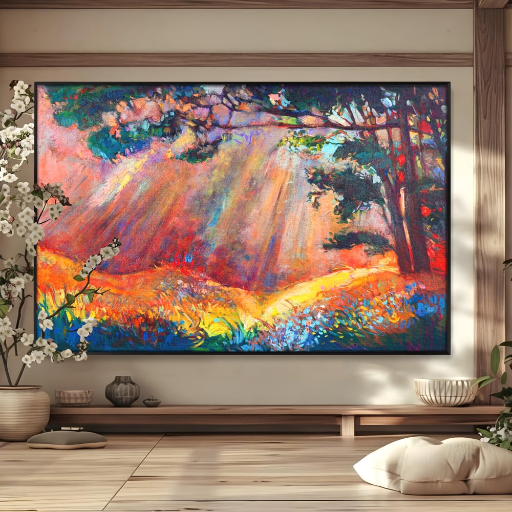 Tablou Canvas Premium LuxCanva® C1074, Razele Soarelui , Diva, Soare, Padure, Copac, Living Room, Bedroom, Relaxare, Culori Vibrante