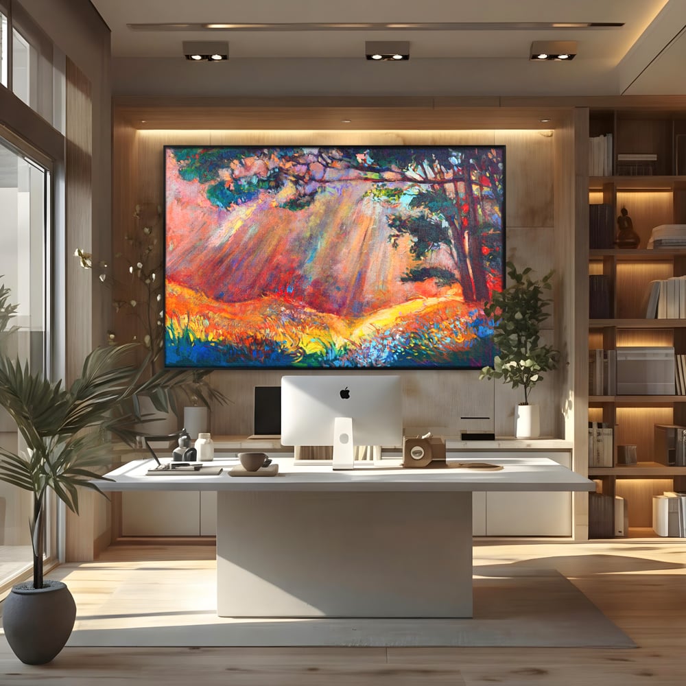 Tablou Canvas Premium LuxCanva® C1074, Razele Soarelui , Diva, Soare, Padure, Copac, Living Room, Bedroom, Relaxare, Culori Vibrante