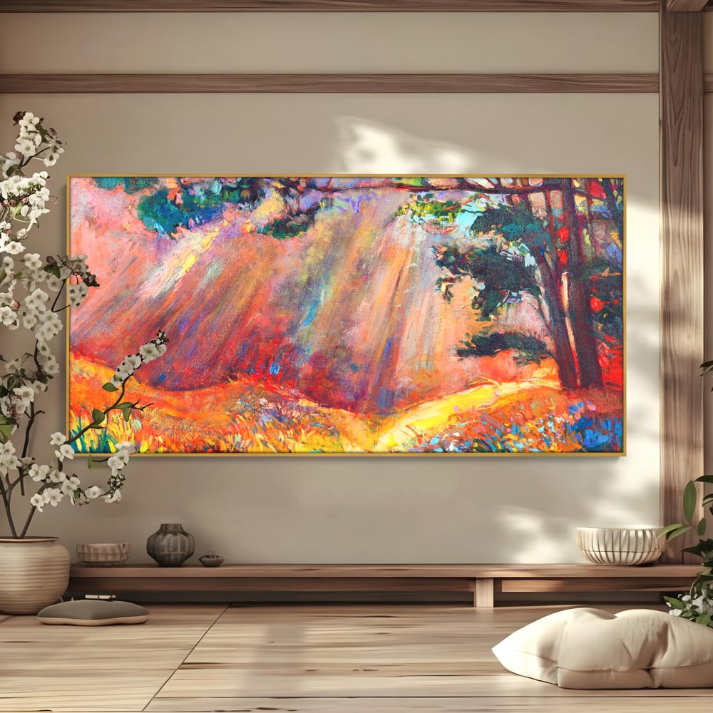 Tablou Canvas Premium LuxCanva® C1074, Razele Soarelui , Diva, Soare, Padure, Copac, Living Room, Bedroom, Relaxare, Culori Vibrante