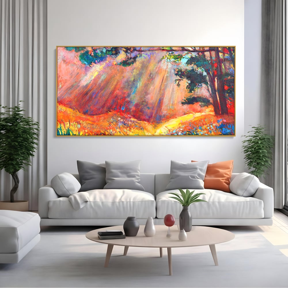 Tablou Canvas Premium LuxCanva® C1074, Razele Soarelui , Diva, Soare, Padure, Copac, Living Room, Bedroom, Relaxare, Culori Vibrante
