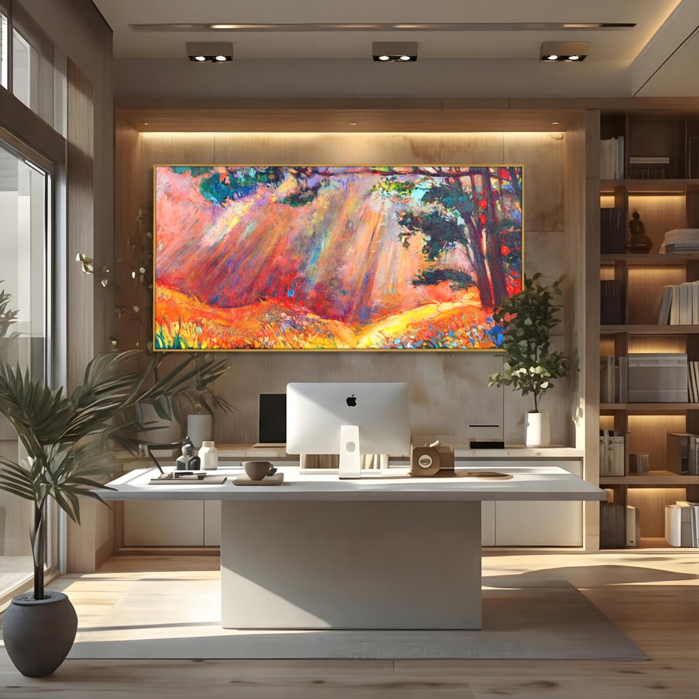 Tablou Canvas Premium LuxCanva® C1074, Razele Soarelui , Diva, Soare, Padure, Copac, Living Room, Bedroom, Relaxare, Culori Vibrante