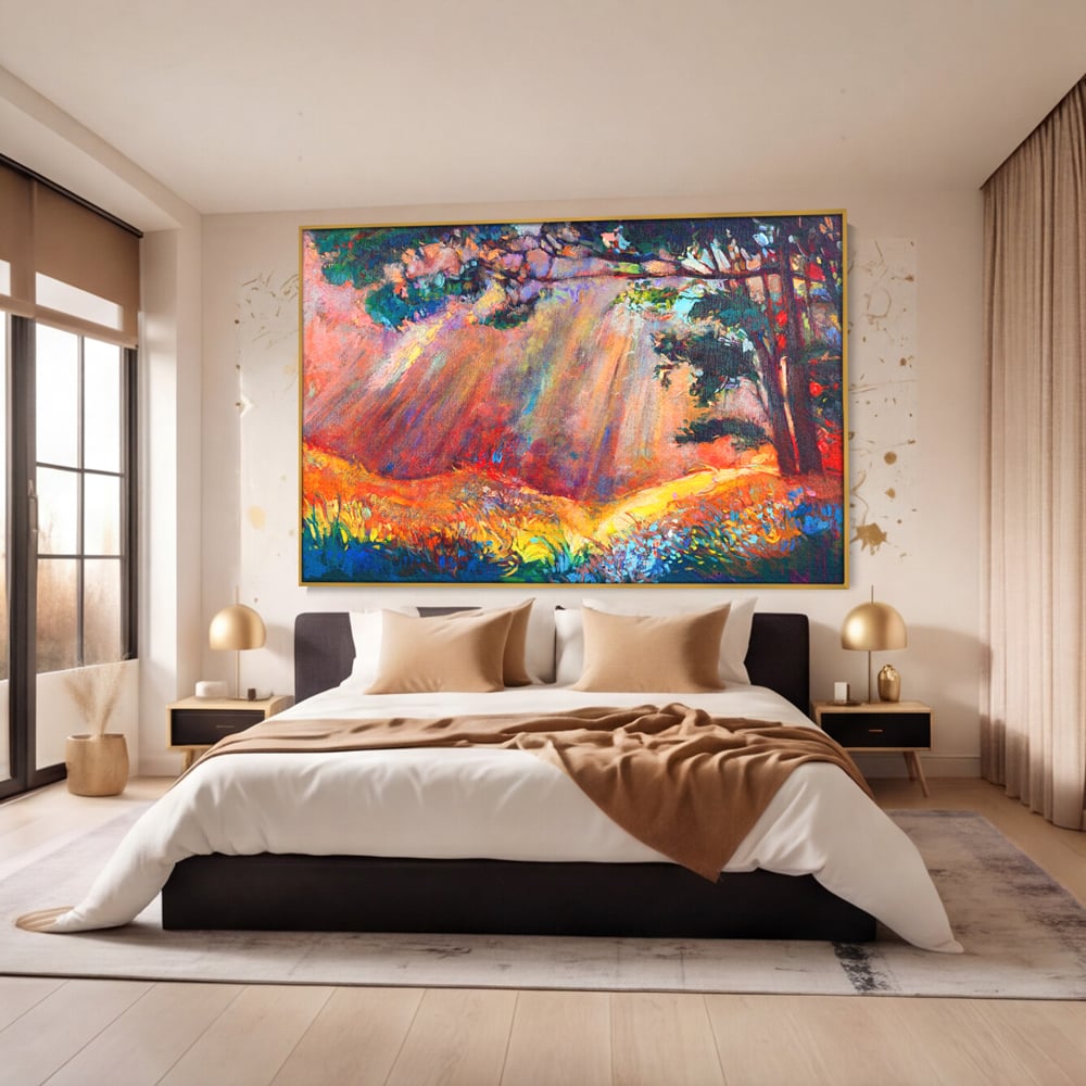 Tablou Canvas Premium LuxCanva® C1074, Razele Soarelui , Diva, Soare, Padure, Copac, Living Room, Bedroom, Relaxare, Culori Vibrante