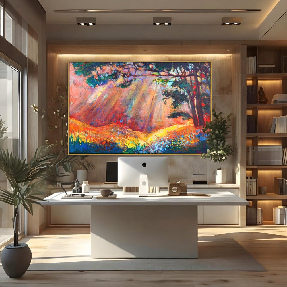 Tablou Canvas Premium LuxCanva® C1074, Razele Soarelui , Diva, Soare, Padure, Copac, Living Room, Bedroom, Relaxare, Culori Vibrante