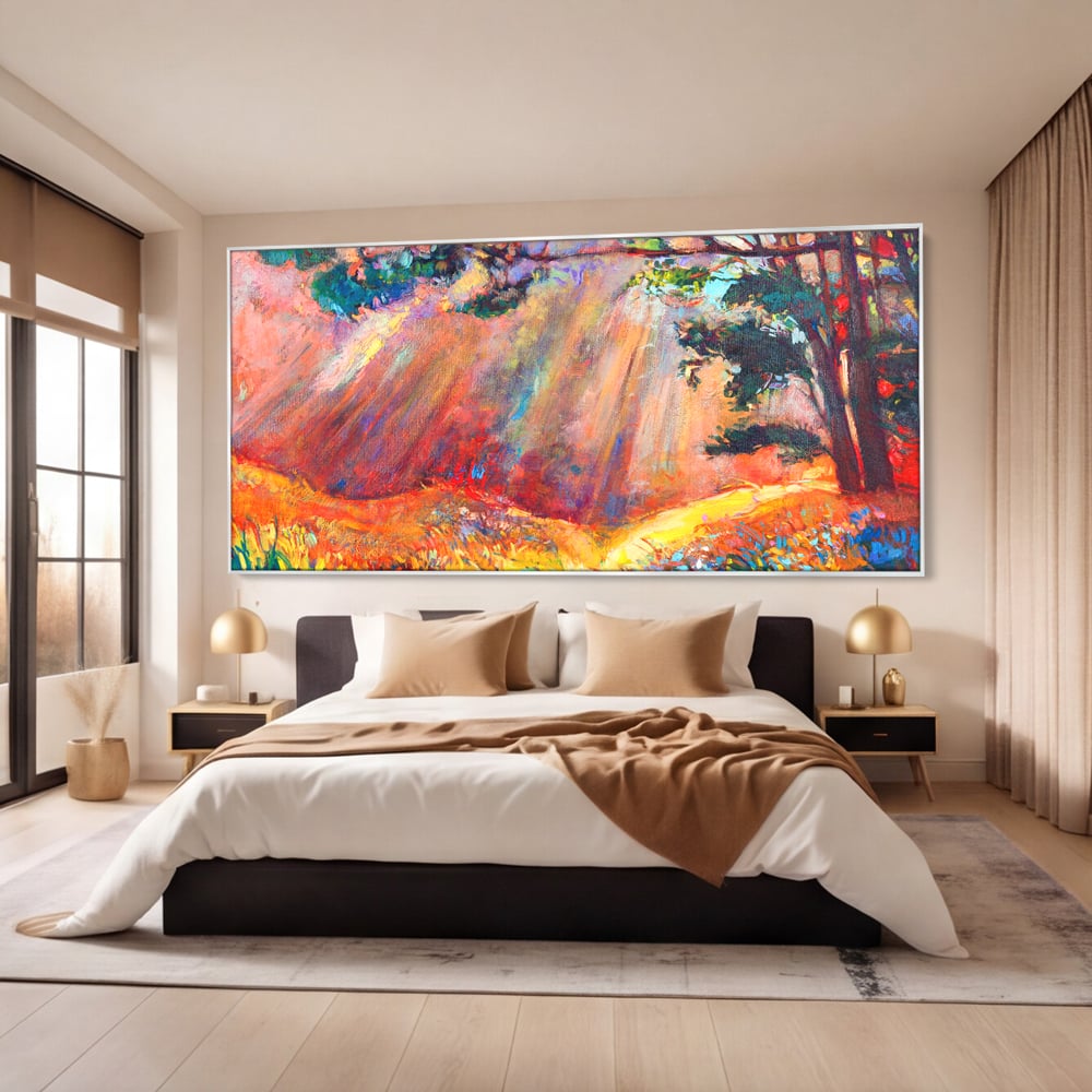 Tablou Canvas Premium LuxCanva® C1074, Razele Soarelui , Diva, Soare, Padure, Copac, Living Room, Bedroom, Relaxare, Culori Vibrante