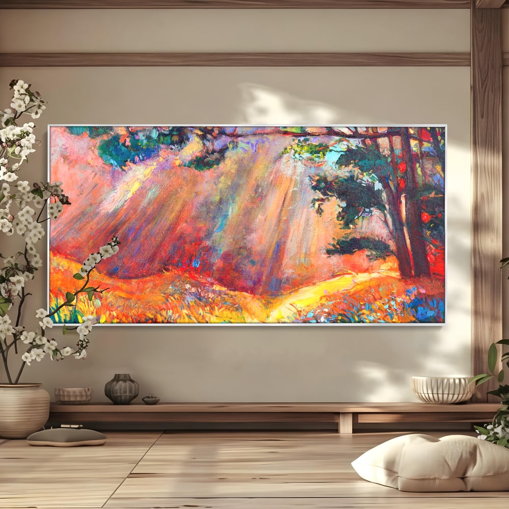 Tablou Canvas Premium LuxCanva® C1074, Razele Soarelui , Diva, Soare, Padure, Copac, Living Room, Bedroom, Relaxare, Culori Vibrante