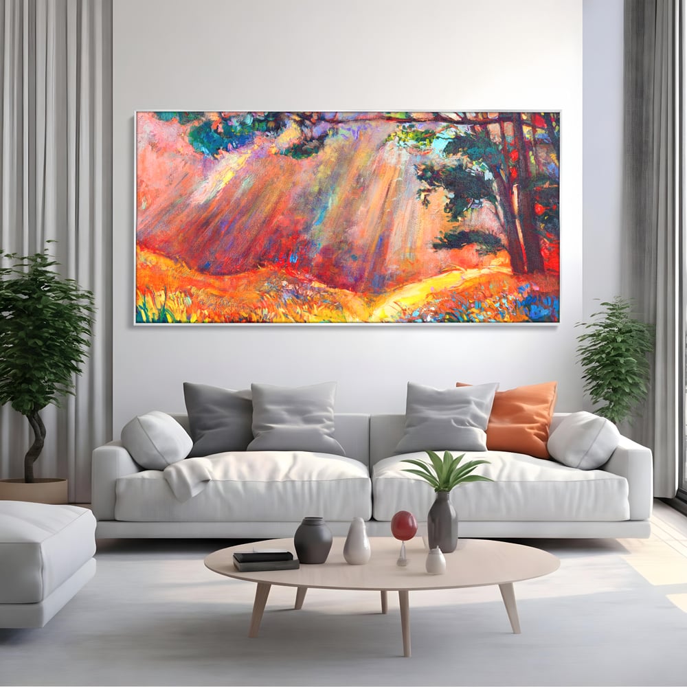 Tablou Canvas Premium LuxCanva® C1074, Razele Soarelui , Diva, Soare, Padure, Copac, Living Room, Bedroom, Relaxare, Culori Vibrante