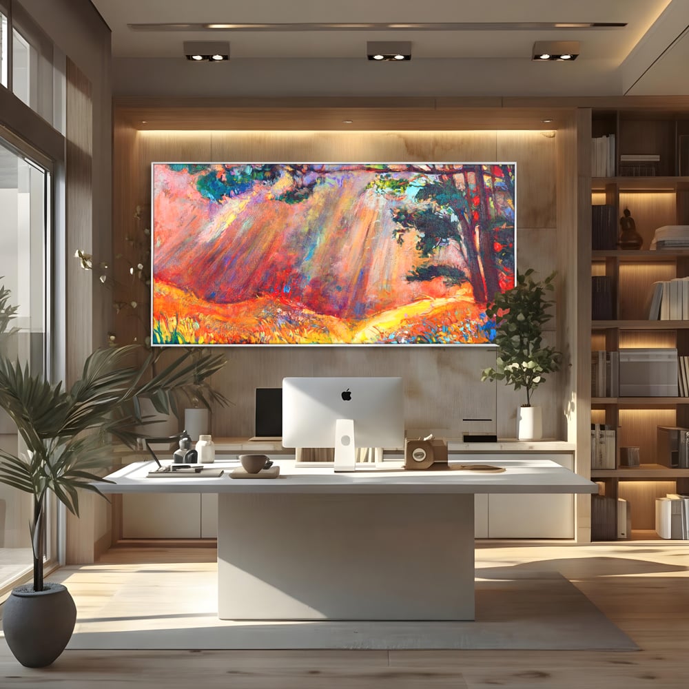 Tablou Canvas Premium LuxCanva® C1074, Razele Soarelui , Diva, Soare, Padure, Copac, Living Room, Bedroom, Relaxare, Culori Vibrante
