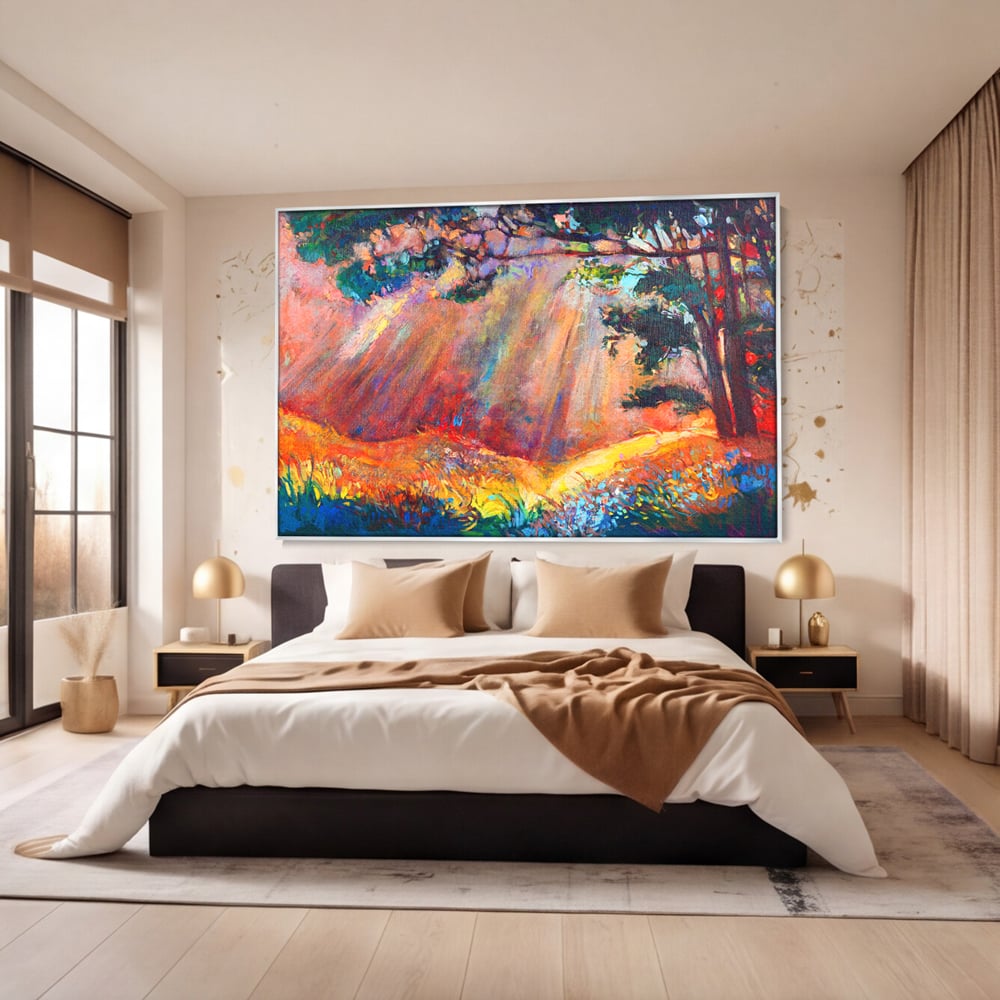 Tablou Canvas Premium LuxCanva® C1074, Razele Soarelui , Diva, Soare, Padure, Copac, Living Room, Bedroom, Relaxare, Culori Vibrante