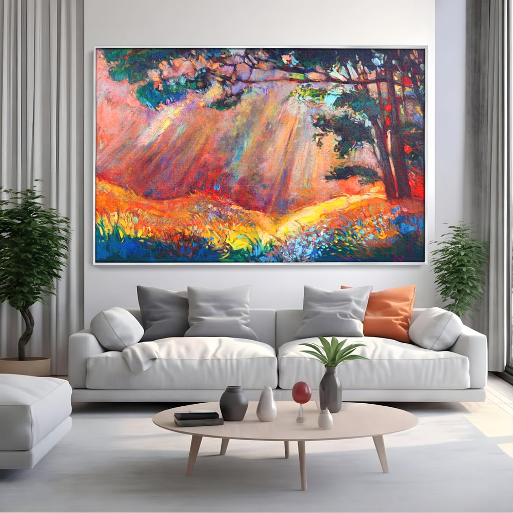 Tablou Canvas Premium LuxCanva® C1074, Razele Soarelui , Diva, Soare, Padure, Copac, Living Room, Bedroom, Relaxare, Culori Vibrante