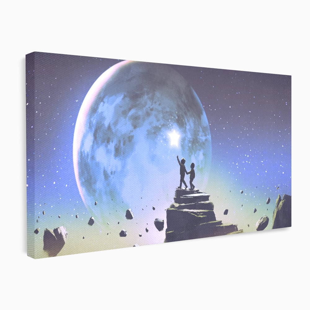 Tablou Canvas Premium LuxCanva® C1078, Stea Stralucitoare Pe Luna , Stea, Luna, Copii, Camera Copilului, Living Room, Relaxare, Culori Vibrante