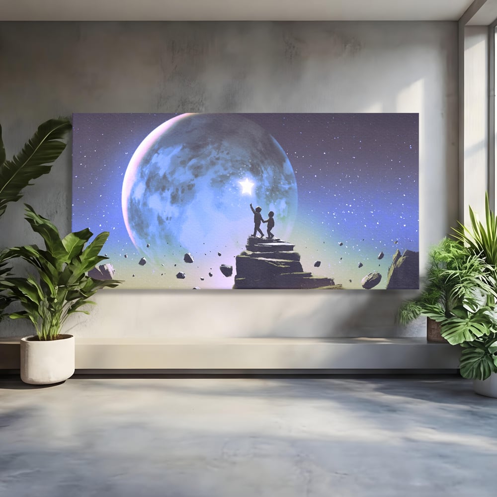 Tablou Canvas Premium LuxCanva® C1078, Stea Stralucitoare Pe Luna , Stea, Luna, Copii, Camera Copilului, Living Room, Relaxare, Culori Vibrante