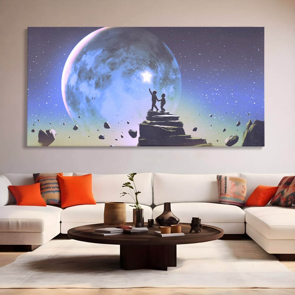Tablou Canvas Premium LuxCanva® C1078, Stea Stralucitoare Pe Luna , Stea, Luna, Copii, Camera Copilului, Living Room, Relaxare, Culori Vibrante