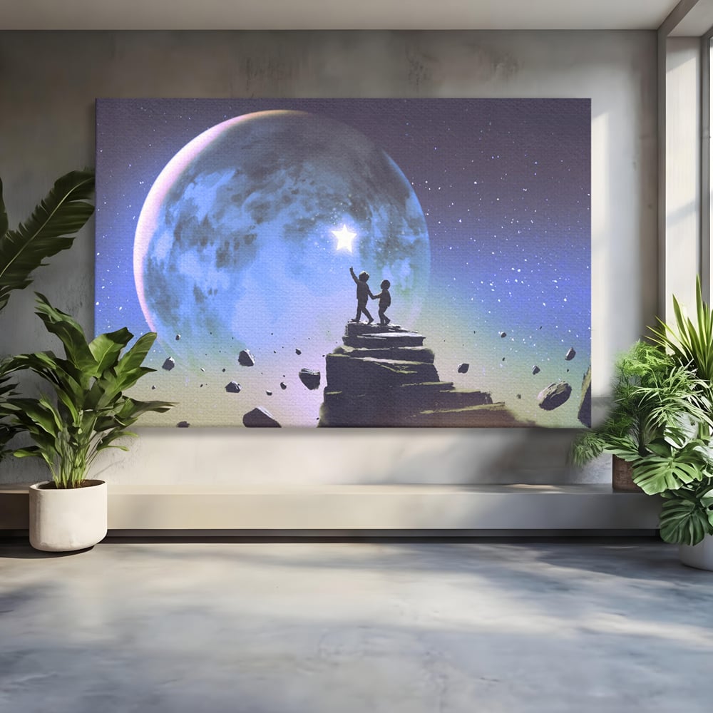 Tablou Canvas Premium LuxCanva® C1078, Stea Stralucitoare Pe Luna , Stea, Luna, Copii, Camera Copilului, Living Room, Relaxare, Culori Vibrante