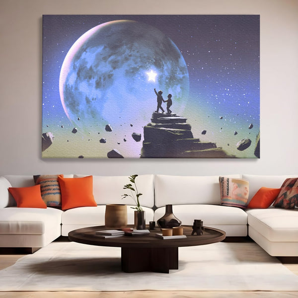 Tablou Canvas Premium LuxCanva® C1078, Stea Stralucitoare Pe Luna , Stea, Luna, Copii, Camera Copilului, Living Room, Relaxare, Culori Vibrante