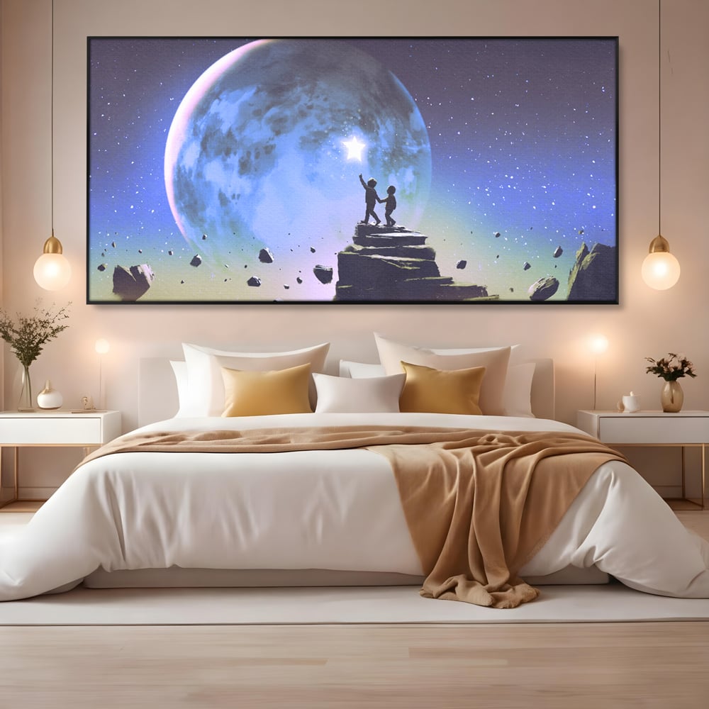 Tablou Canvas Premium LuxCanva® C1078, Stea Stralucitoare Pe Luna , Stea, Luna, Copii, Camera Copilului, Living Room, Relaxare, Culori Vibrante