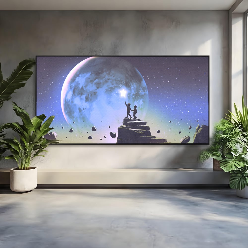 Tablou Canvas Premium LuxCanva® C1078, Stea Stralucitoare Pe Luna , Stea, Luna, Copii, Camera Copilului, Living Room, Relaxare, Culori Vibrante