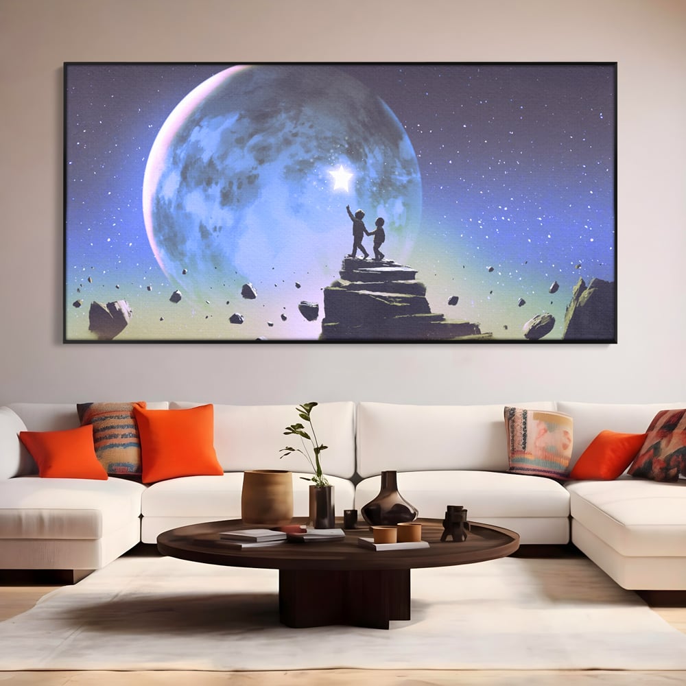 Tablou Canvas Premium LuxCanva® C1078, Stea Stralucitoare Pe Luna , Stea, Luna, Copii, Camera Copilului, Living Room, Relaxare, Culori Vibrante