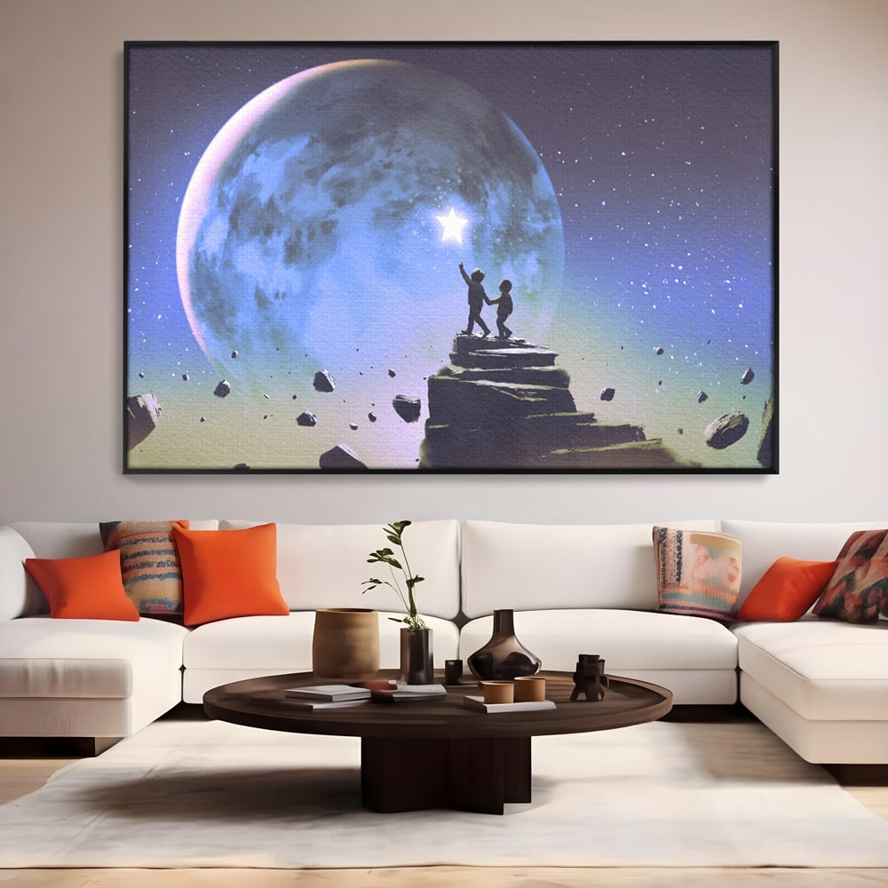 Tablou Canvas Premium LuxCanva® C1078, Stea Stralucitoare Pe Luna , Stea, Luna, Copii, Camera Copilului, Living Room, Relaxare, Culori Vibrante