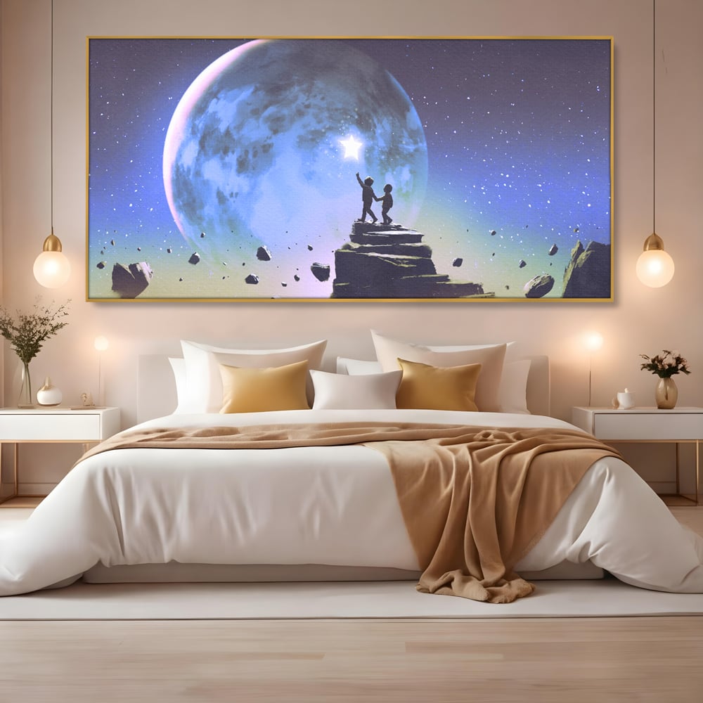 Tablou Canvas Premium LuxCanva® C1078, Stea Stralucitoare Pe Luna , Stea, Luna, Copii, Camera Copilului, Living Room, Relaxare, Culori Vibrante