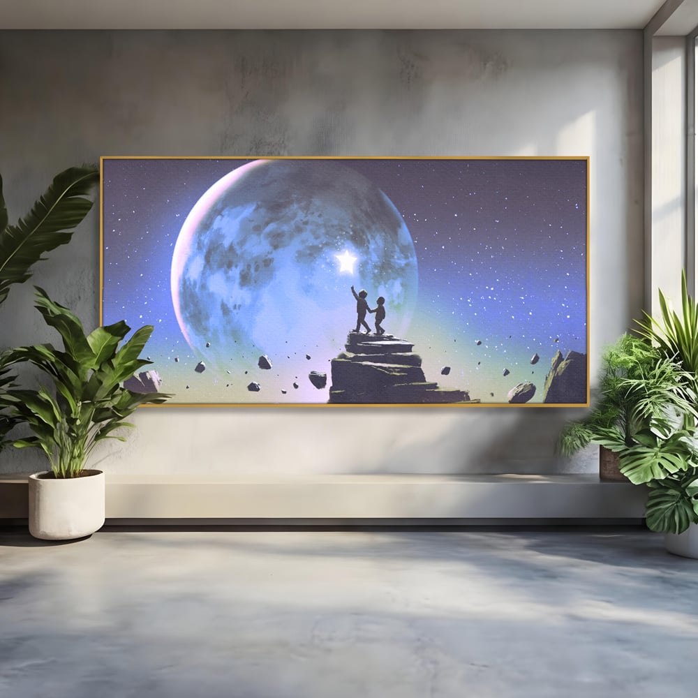 Tablou Canvas Premium LuxCanva® C1078, Stea Stralucitoare Pe Luna , Stea, Luna, Copii, Camera Copilului, Living Room, Relaxare, Culori Vibrante