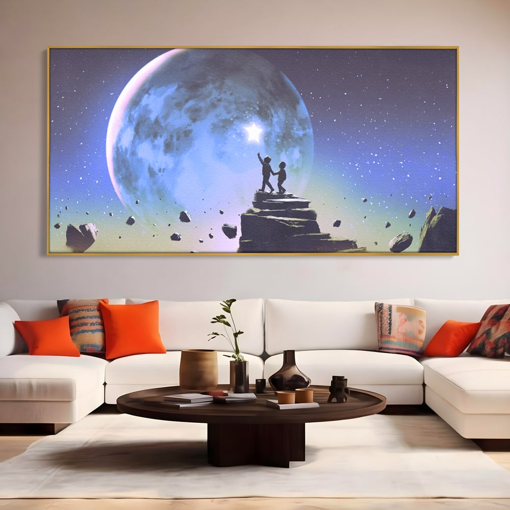 Tablou Canvas Premium LuxCanva® C1078, Stea Stralucitoare Pe Luna , Stea, Luna, Copii, Camera Copilului, Living Room, Relaxare, Culori Vibrante