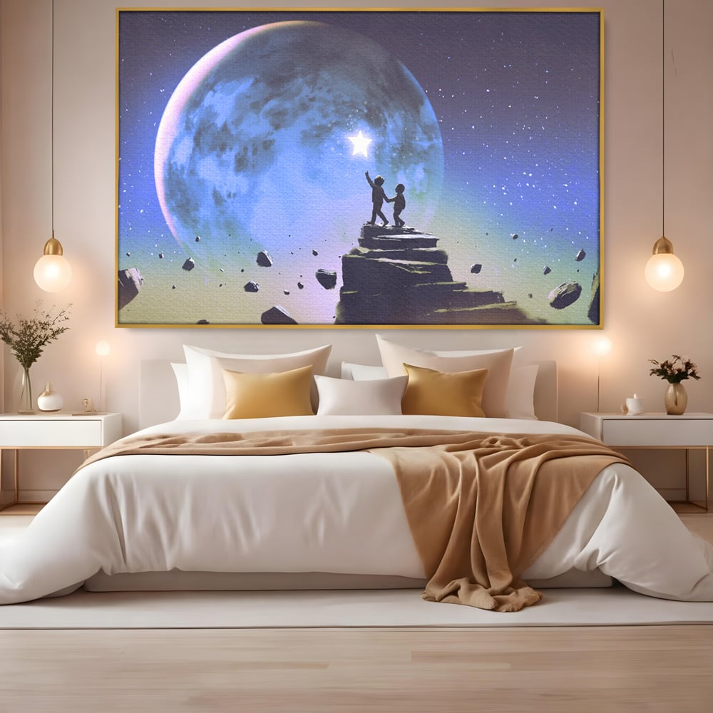 Tablou Canvas Premium LuxCanva® C1078, Stea Stralucitoare Pe Luna , Stea, Luna, Copii, Camera Copilului, Living Room, Relaxare, Culori Vibrante