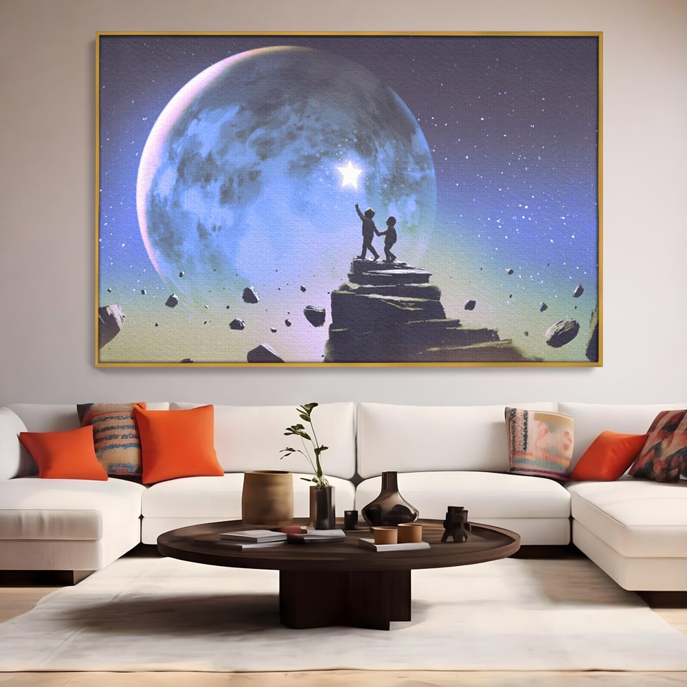 Tablou Canvas Premium LuxCanva® C1078, Stea Stralucitoare Pe Luna , Stea, Luna, Copii, Camera Copilului, Living Room, Relaxare, Culori Vibrante