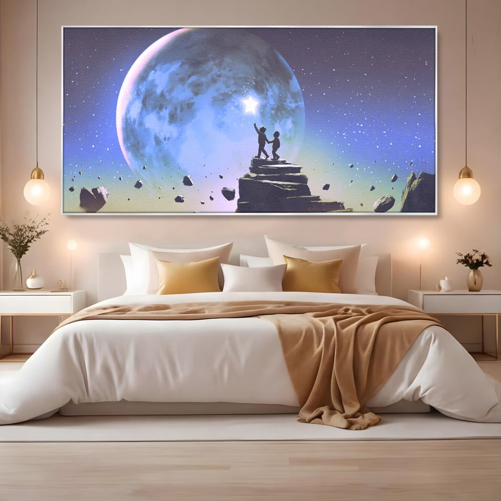 Tablou Canvas Premium LuxCanva® C1078, Stea Stralucitoare Pe Luna , Stea, Luna, Copii, Camera Copilului, Living Room, Relaxare, Culori Vibrante