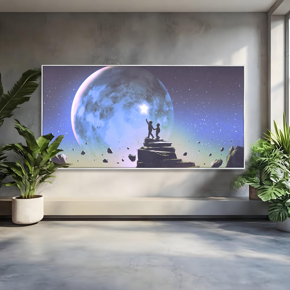 Tablou Canvas Premium LuxCanva® C1078, Stea Stralucitoare Pe Luna , Stea, Luna, Copii, Camera Copilului, Living Room, Relaxare, Culori Vibrante