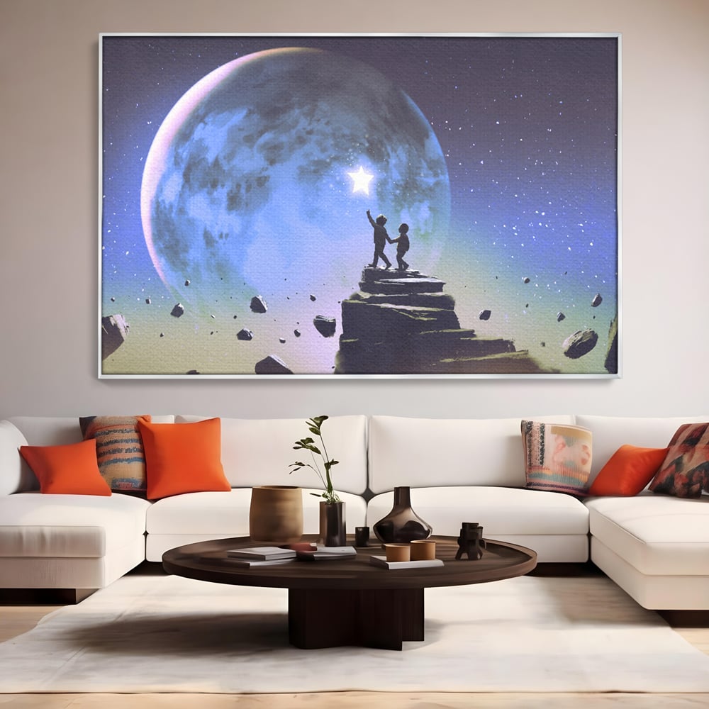 Tablou Canvas Premium LuxCanva® C1078, Stea Stralucitoare Pe Luna , Stea, Luna, Copii, Camera Copilului, Living Room, Relaxare, Culori Vibrante