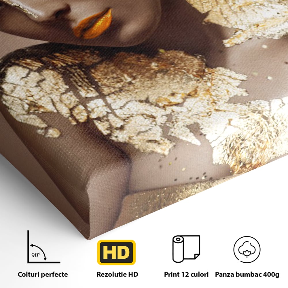 Tablou Canvas Premium LuxCanva® C1088, Beauty Covered In Gold , Gold, Femeie, Privire, Living Room, Bedroom, Relaxare, Culori Vibrante