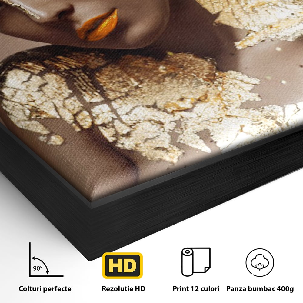 Tablou Canvas Premium LuxCanva® C1088, Beauty Covered In Gold , Gold, Femeie, Privire, Living Room, Bedroom, Relaxare, Culori Vibrante