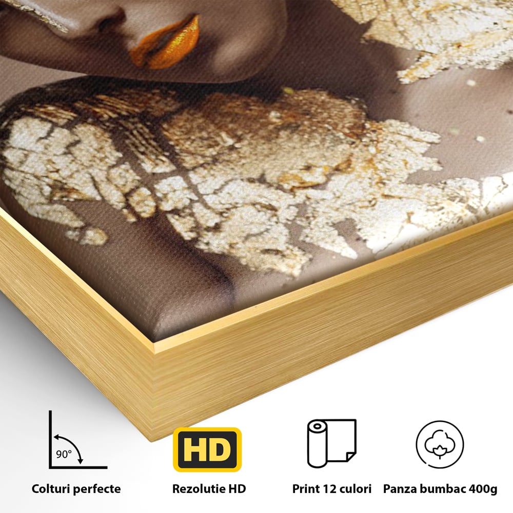 Tablou Canvas Premium LuxCanva® C1088, Beauty Covered In Gold , Gold, Femeie, Privire, Living Room, Bedroom, Relaxare, Culori Vibrante