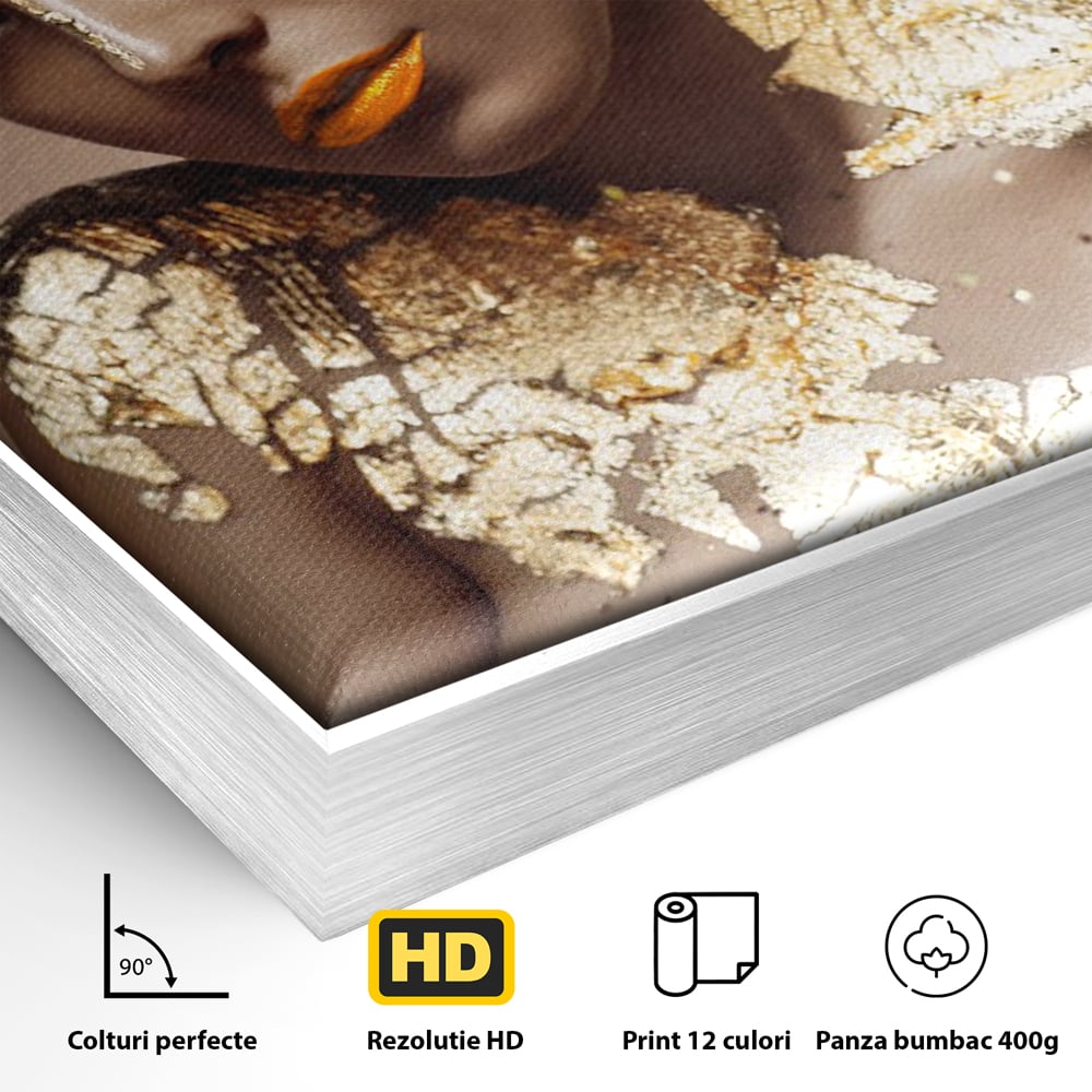 Tablou Canvas Premium LuxCanva® C1088, Beauty Covered In Gold , Gold, Femeie, Privire, Living Room, Bedroom, Relaxare, Culori Vibrante