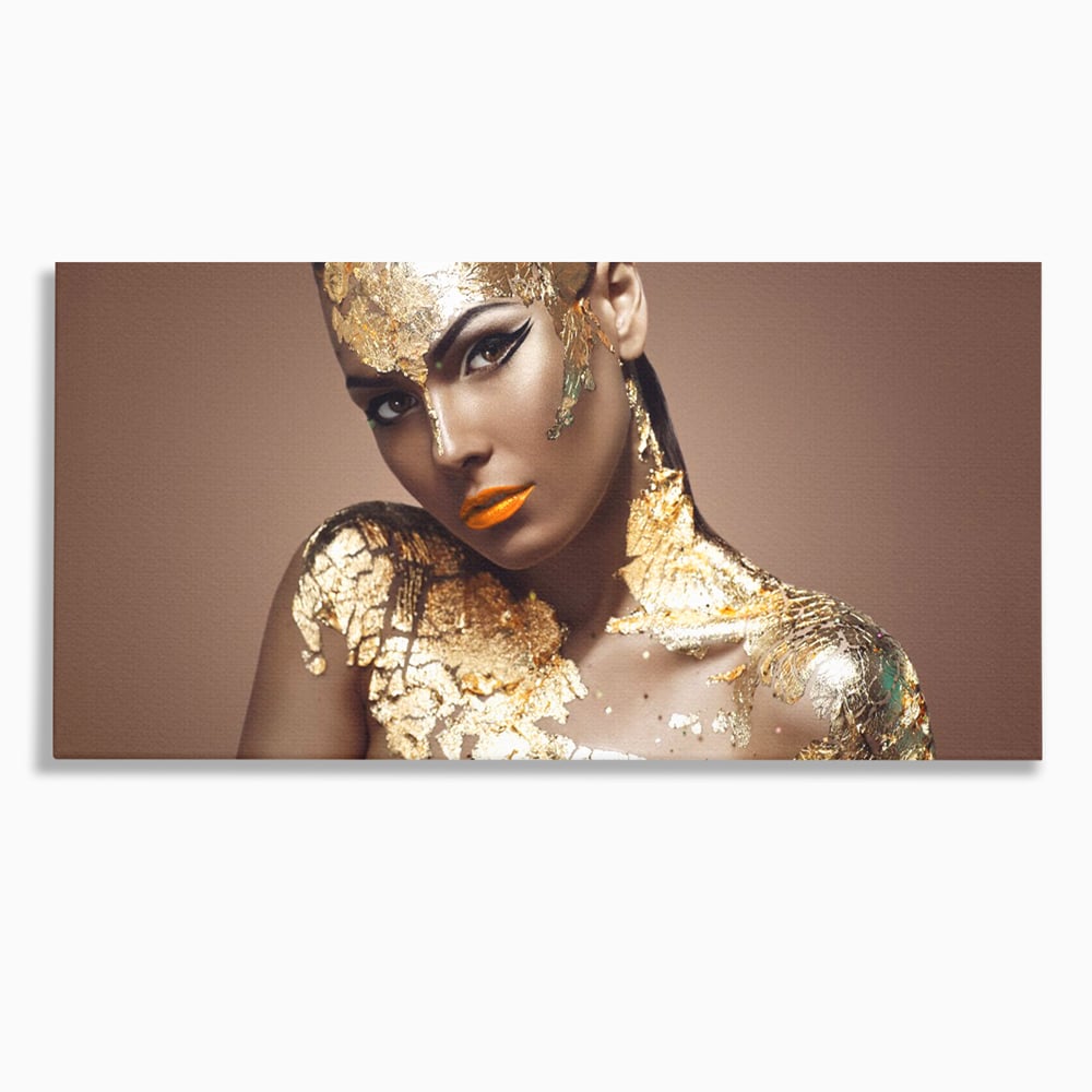 Tablou Canvas Premium LuxCanva® C1088, Beauty Covered In Gold , Gold, Femeie, Privire, Living Room, Bedroom, Relaxare, Culori Vibrante