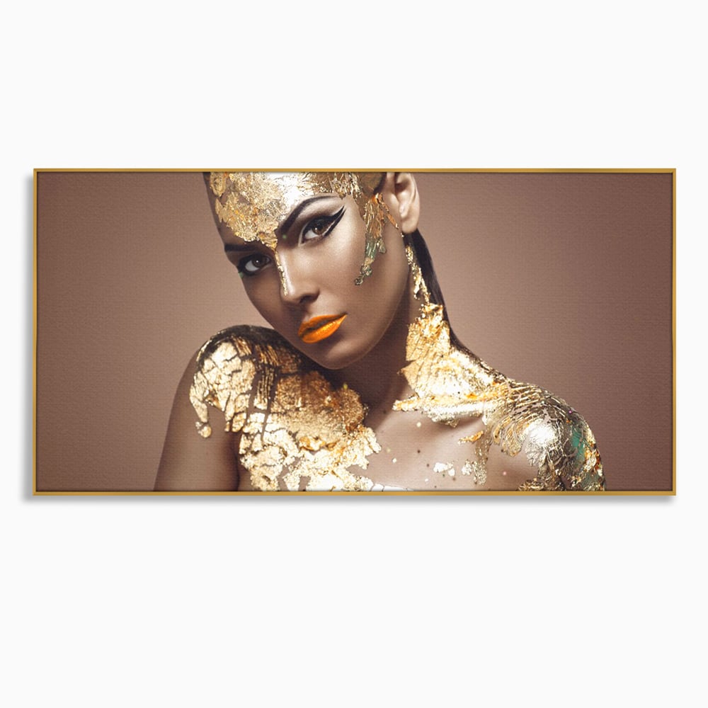 Tablou Canvas Premium LuxCanva® C1088, Beauty Covered In Gold , Gold, Femeie, Privire, Living Room, Bedroom, Relaxare, Culori Vibrante