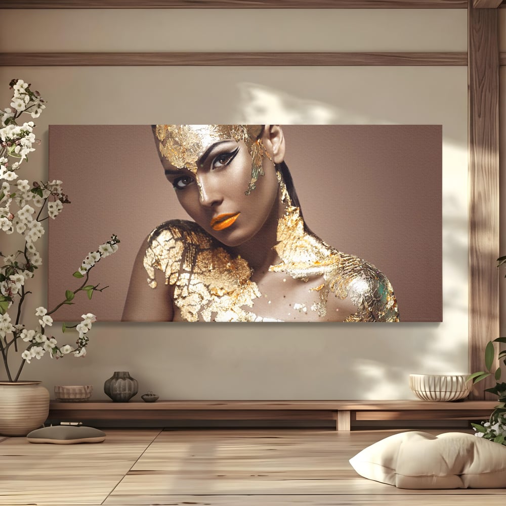 Tablou Canvas Premium LuxCanva® C1088, Beauty Covered In Gold , Gold, Femeie, Privire, Living Room, Bedroom, Relaxare, Culori Vibrante