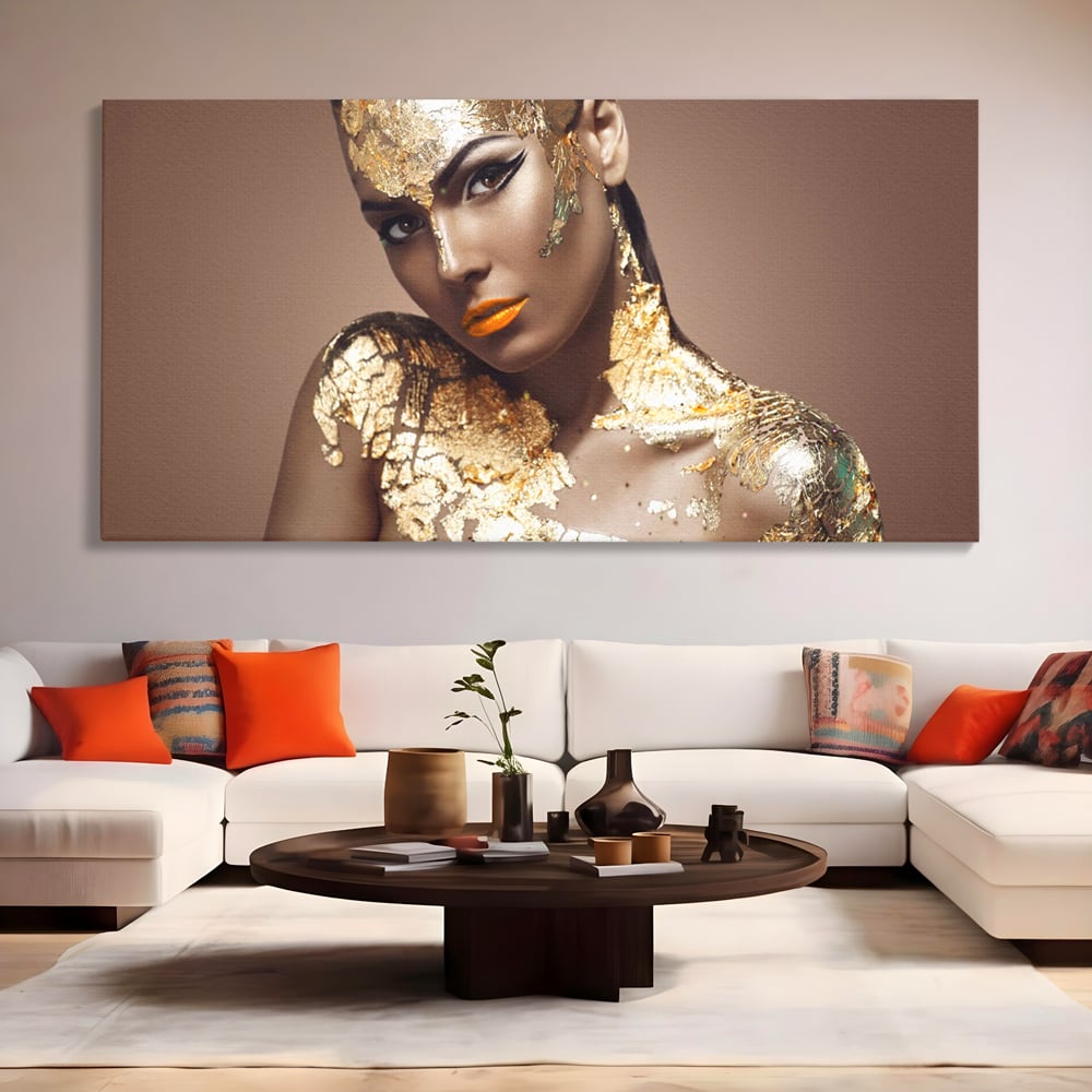 Tablou Canvas Premium LuxCanva® C1088, Beauty Covered In Gold , Gold, Femeie, Privire, Living Room, Bedroom, Relaxare, Culori Vibrante