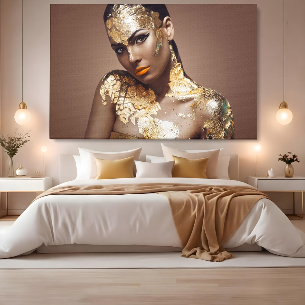 Tablou Canvas Premium LuxCanva® C1088, Beauty Covered In Gold , Gold, Femeie, Privire, Living Room, Bedroom, Relaxare, Culori Vibrante