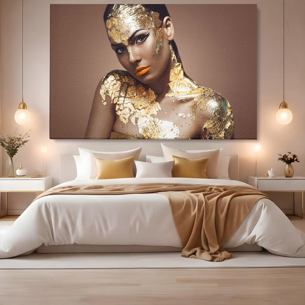 Tablou Canvas Premium LuxCanva® C1088, Beauty Covered In Gold , Gold, Femeie, Privire, Living Room, Bedroom, Relaxare, Culori Vibrante
