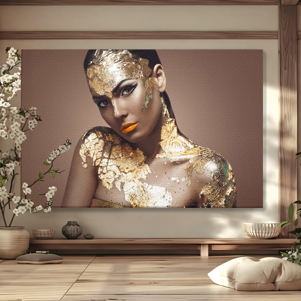 Tablou Canvas Premium LuxCanva® C1088, Beauty Covered In Gold , Gold, Femeie, Privire, Living Room, Bedroom, Relaxare, Culori Vibrante