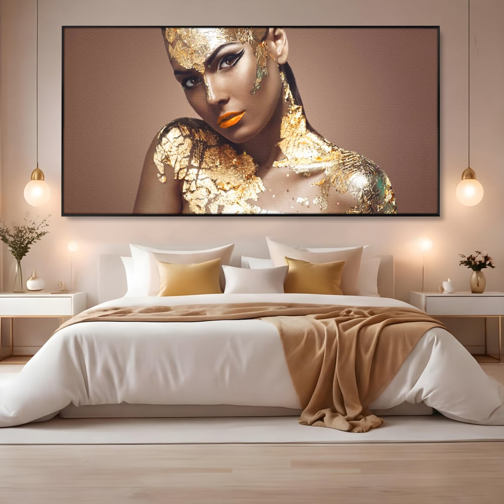 Tablou Canvas Premium LuxCanva® C1088, Beauty Covered In Gold , Gold, Femeie, Privire, Living Room, Bedroom, Relaxare, Culori Vibrante