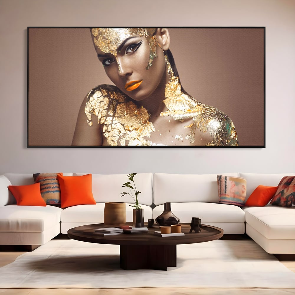 Tablou Canvas Premium LuxCanva® C1088, Beauty Covered In Gold , Gold, Femeie, Privire, Living Room, Bedroom, Relaxare, Culori Vibrante