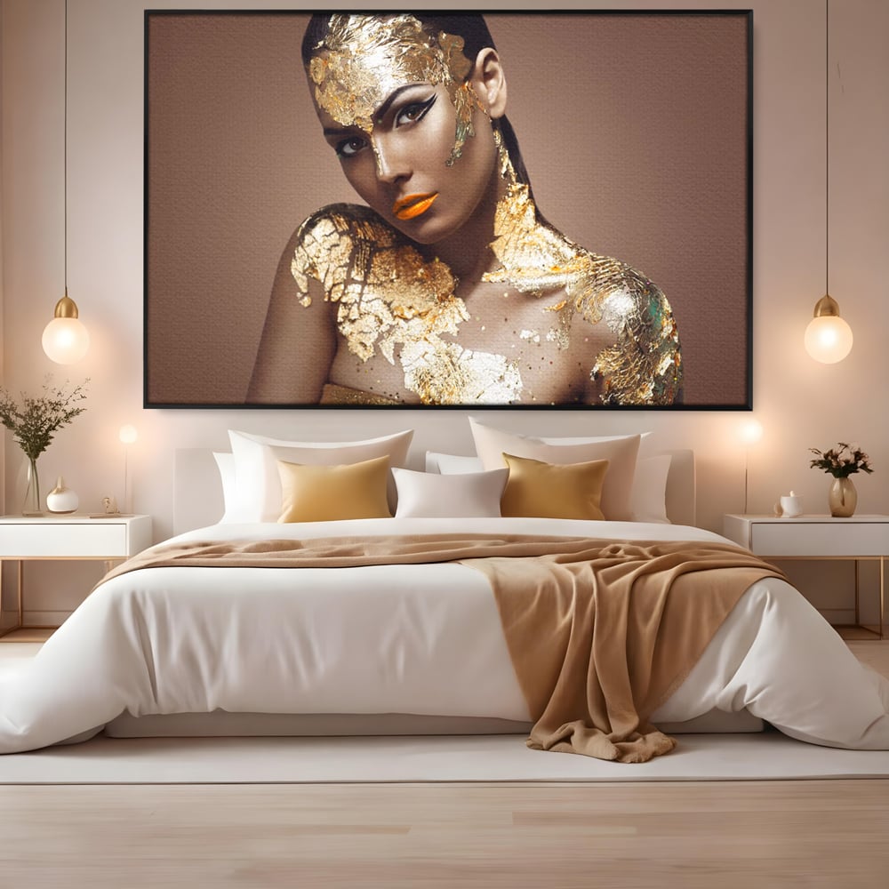 Tablou Canvas Premium LuxCanva® C1088, Beauty Covered In Gold , Gold, Femeie, Privire, Living Room, Bedroom, Relaxare, Culori Vibrante