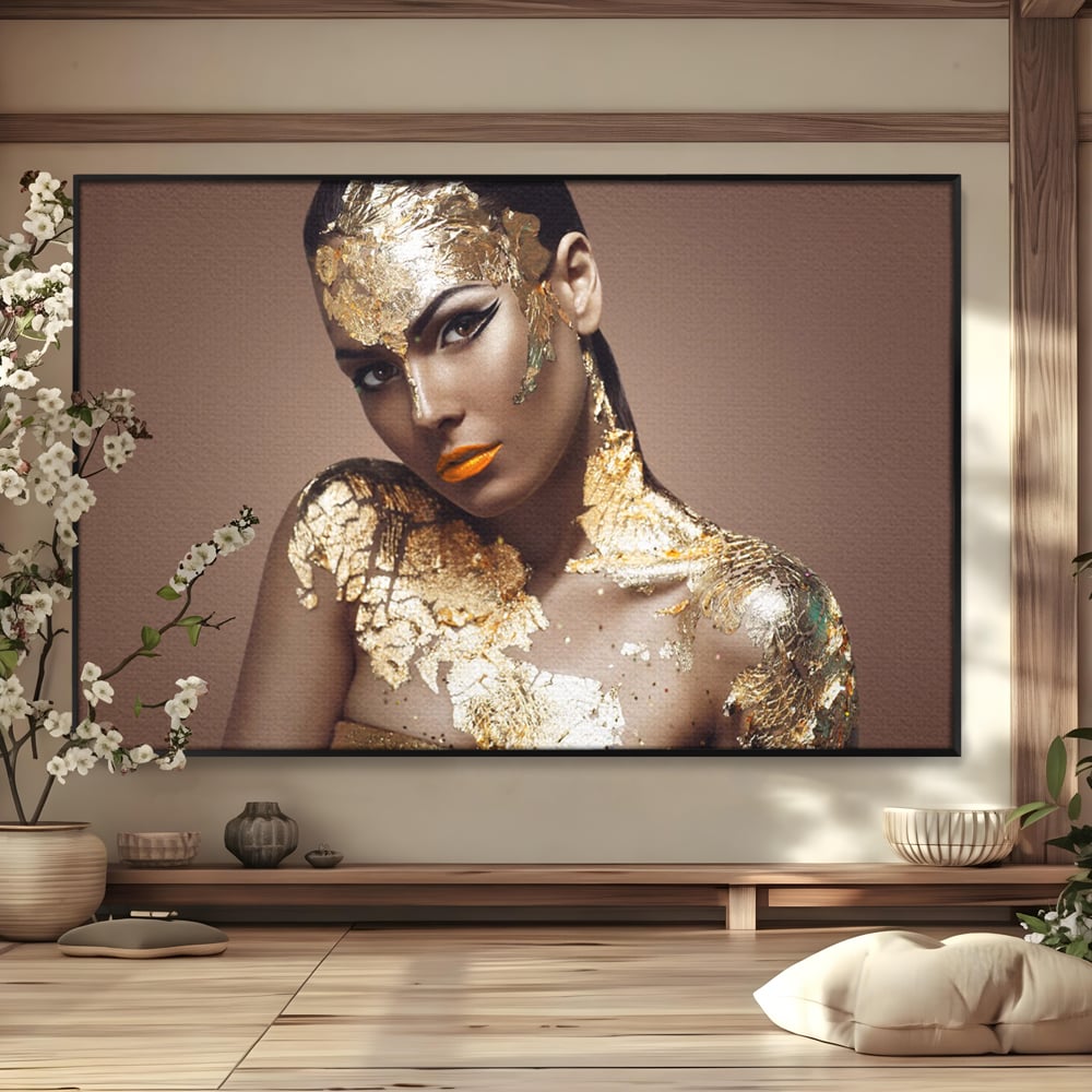 Tablou Canvas Premium LuxCanva® C1088, Beauty Covered In Gold , Gold, Femeie, Privire, Living Room, Bedroom, Relaxare, Culori Vibrante